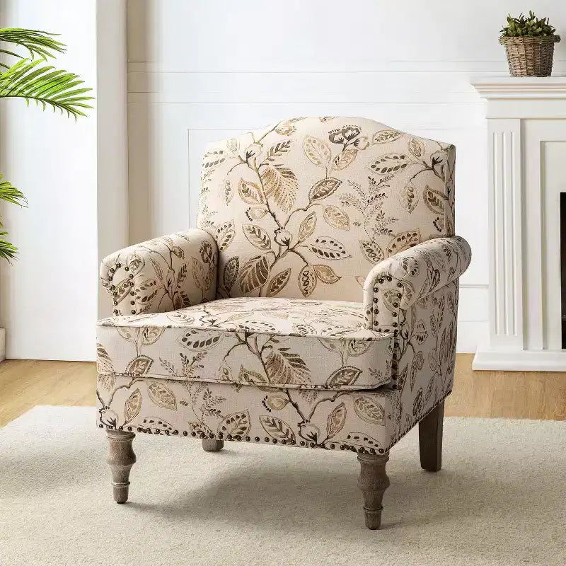 Yahweh Sillón tapizado de madera de transición con diseño de patrón floral, brazos con panel y respaldo de camello | ART OF LIVING DESIGNS