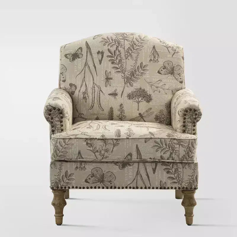 Yahweh Sillón tapizado de madera de transición con diseño de patrón floral, brazos con panel y respaldo de camello | ART OF LIVING DESIGNS