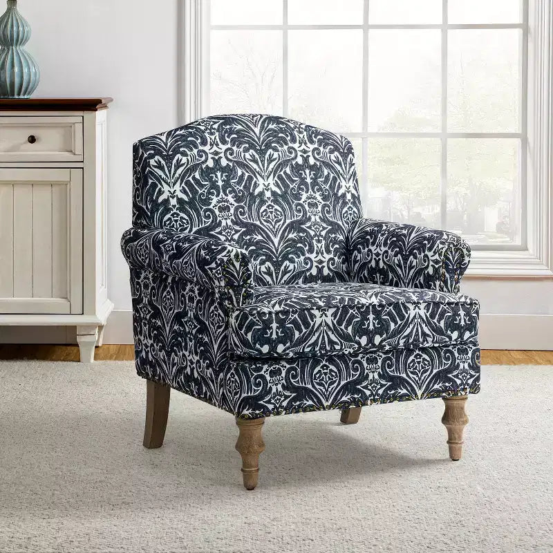 Yahweh Sillón tapizado de madera de transición con diseño de patrón floral, brazos con panel y respaldo de camello | ART OF LIVING DESIGNS