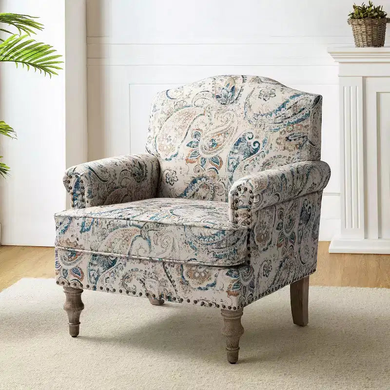 Yahweh Sillón tapizado de madera de transición con diseño de patrón floral, brazos con panel y respaldo de camello | ART OF LIVING DESIGNS