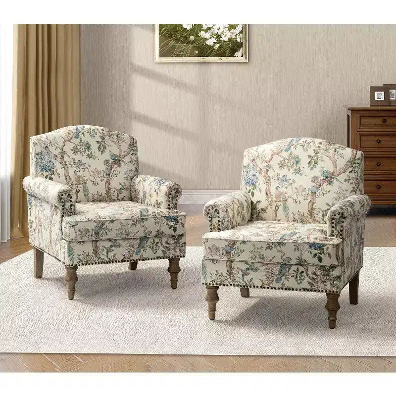 Juego de 2 sillones tapizados de madera Yahweh de estilo de transición con brazos de panel y respaldo curvado para dormitorio | ART OF LIVING DESIGNS