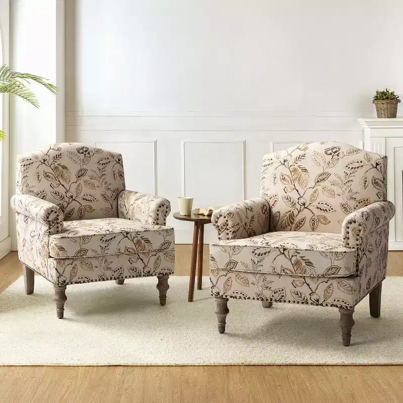 Juego de 2 sillones tapizados de madera Yahweh de estilo de transición con brazos de panel y respaldo curvado para dormitorio | ART OF LIVING DESIGNS