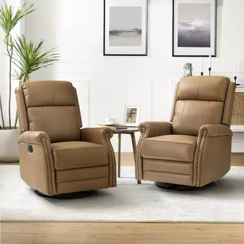 Irene Sofá reclinable manual de cuero genuino de 30.5" de ancho con brazos enrollados, juego de 2 | ART OF LIVING DESIGNS