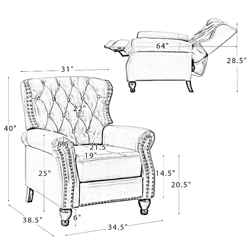 Juego de 2 sillones reclinables de cuero genuino tapizados en madera, modelo Justine Transitional, con ribete de cabeza de clavo para sala de estar y dormitorio | ART OF LIVING DESIGNS