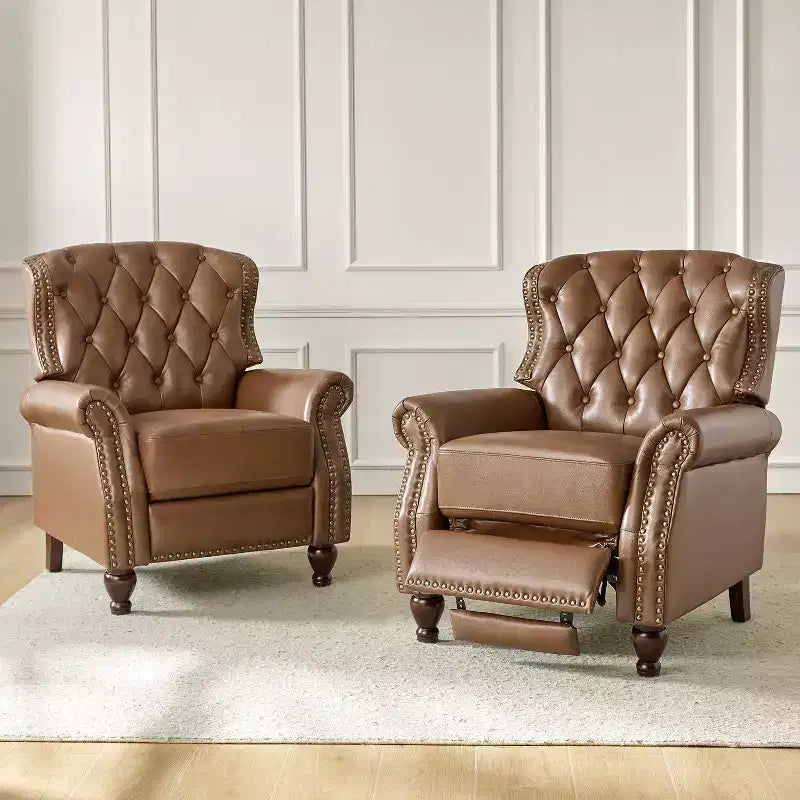 Juego de 2 sillones reclinables de cuero genuino tapizados en madera, modelo Justine Transitional, con ribete de cabeza de clavo para sala de estar y dormitorio | ART OF LIVING DESIGNS