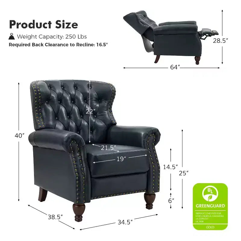 Juego de 2 sillones reclinables de cuero genuino tapizados en madera, modelo Justine Transitional, con ribete de cabeza de clavo para sala de estar y dormitorio | ART OF LIVING DESIGNS