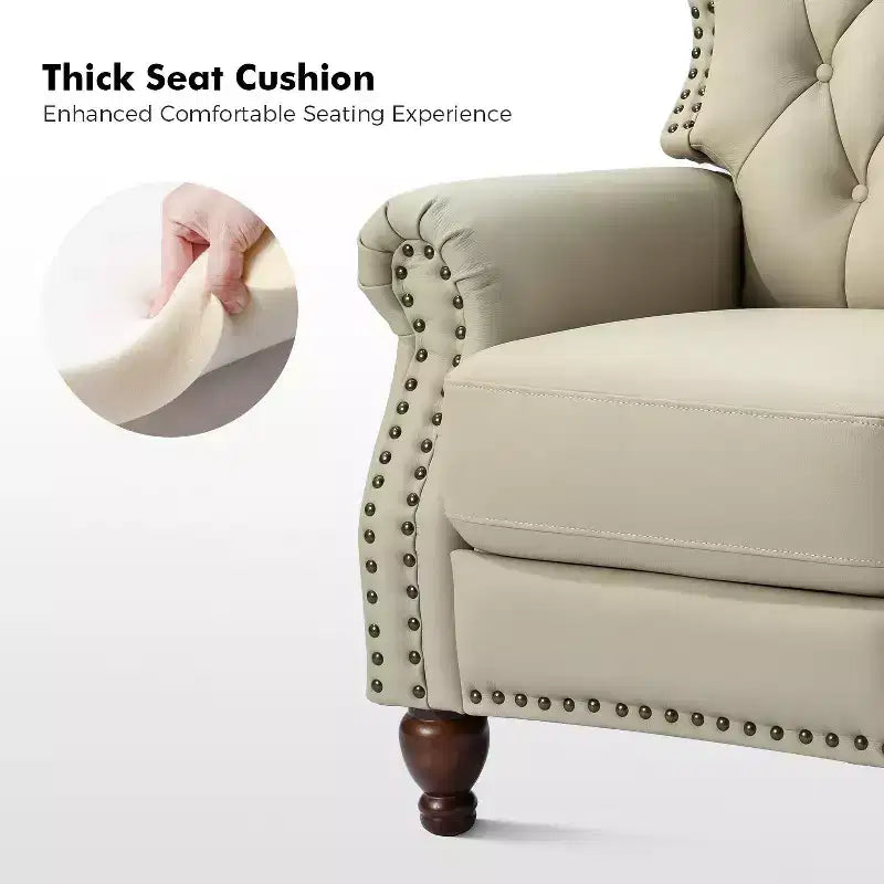 Juego de 2 sillones reclinables de cuero genuino tapizados en madera, modelo Justine Transitional, con ribete de cabeza de clavo para sala de estar y dormitorio | ART OF LIVING DESIGNS