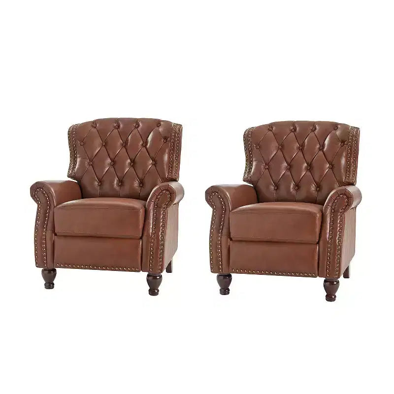 Juego de 2 sillones reclinables de cuero genuino tapizados en madera, modelo Justine Transitional, con ribete de cabeza de clavo para sala de estar y dormitorio | ART OF LIVING DESIGNS
