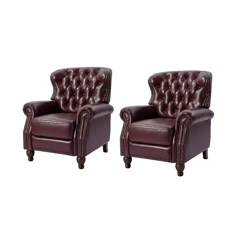 Juego de 2 sillones reclinables de cuero genuino tapizados en madera, modelo Justine Transitional, con ribete de cabeza de clavo para sala de estar y dormitorio | ART OF LIVING DESIGNS