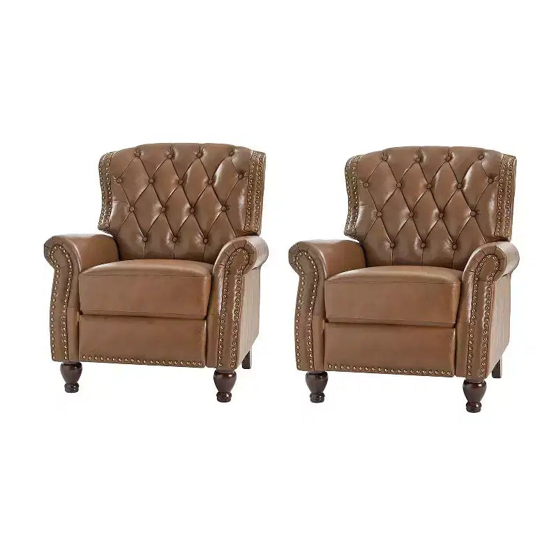 Juego de 2 sillones reclinables de cuero genuino tapizados en madera, modelo Justine Transitional, con ribete de cabeza de clavo para sala de estar y dormitorio | ART OF LIVING DESIGNS