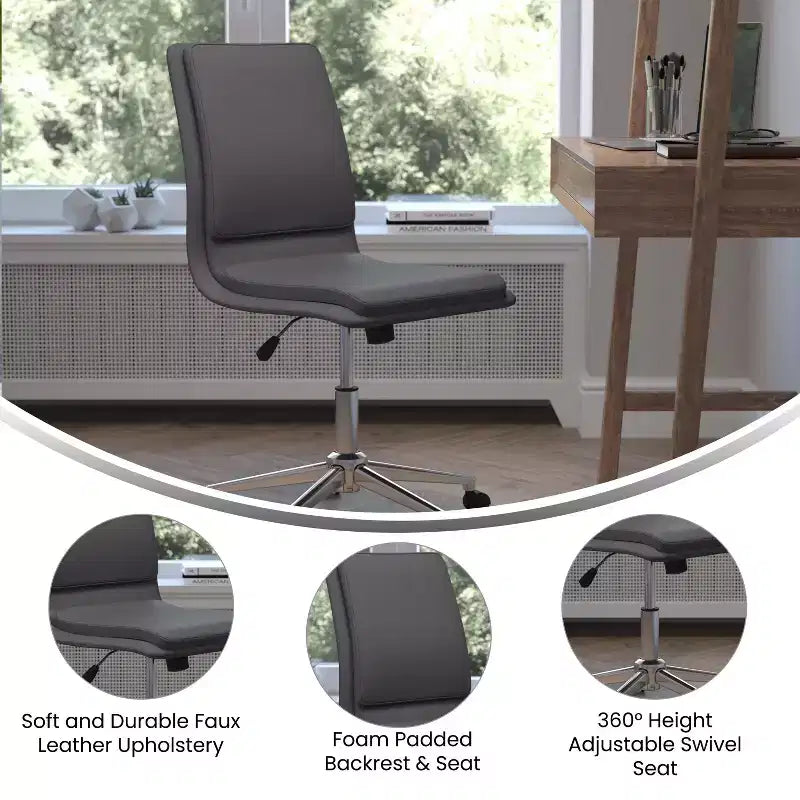 Silla de oficina moderna de piel sintética tapizada Emma y Oliver de respaldo medio con base de 5 radios y ajuste neumático de altura del asiento