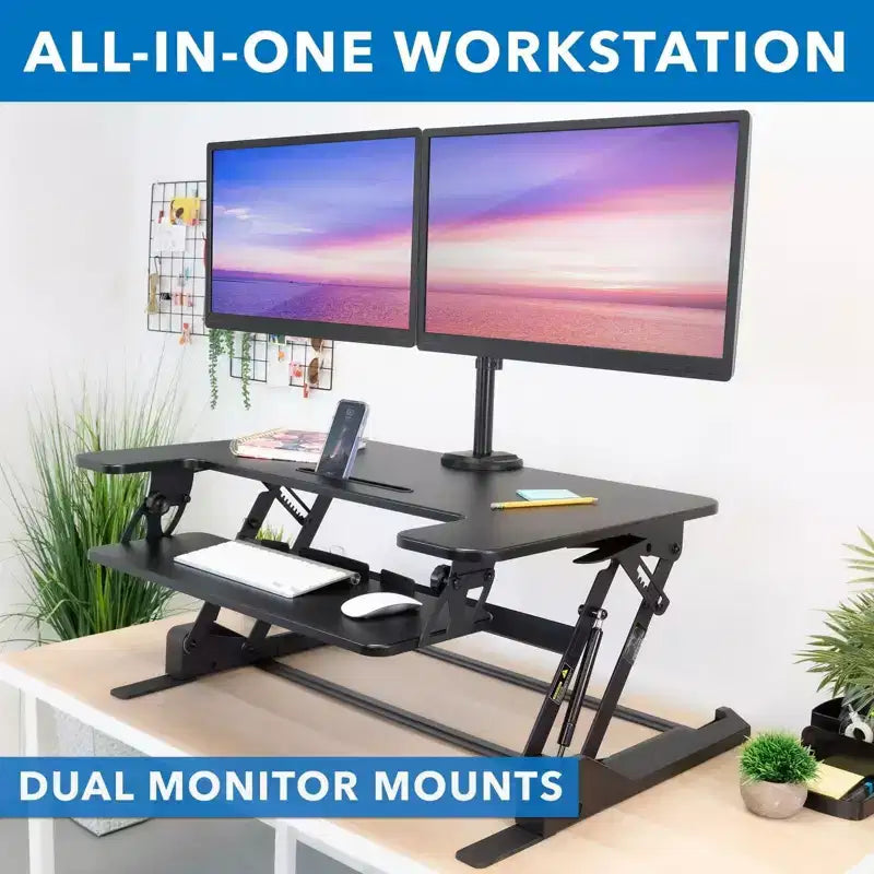 Mount-It! Conversor de escritorio de pie ajustable en altura con soporte doble para monitor adicional incluido - Estación de trabajo ancha de 36 pulgadas para sentarse y levantarse con elevador de resorte de gas