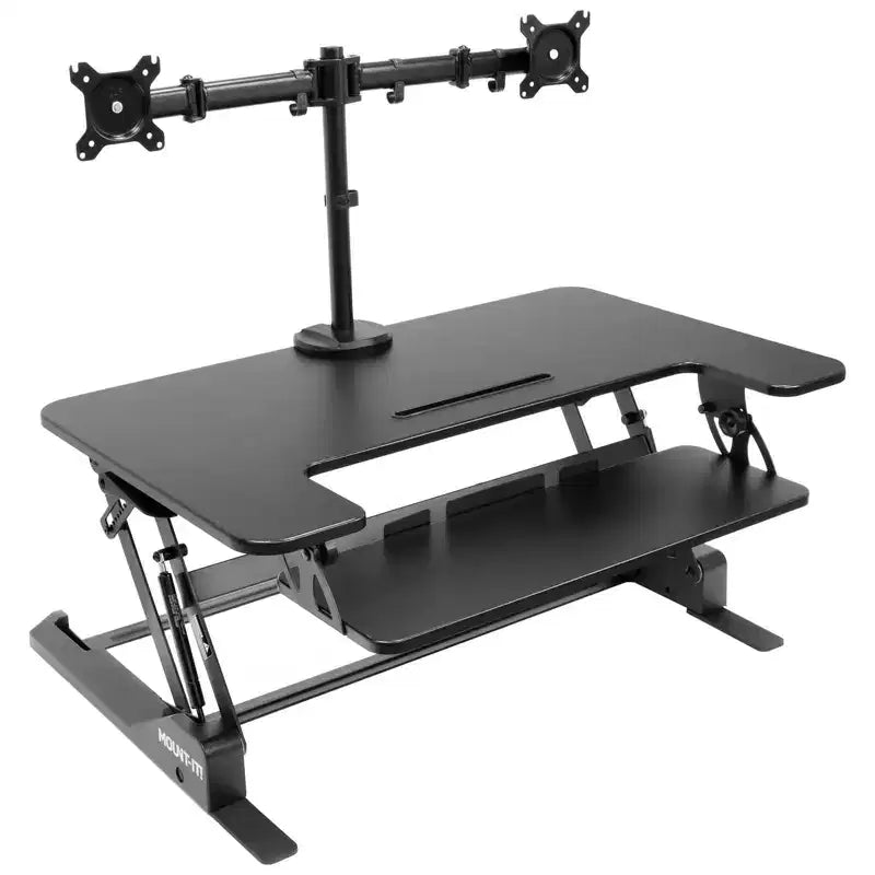 Mount-It! Conversor de escritorio de pie ajustable en altura con soporte doble para monitor adicional incluido - Estación de trabajo ancha de 36 pulgadas para sentarse y levantarse con elevador de resorte de gas