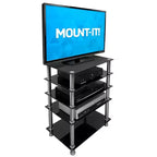 Mount-It! Estante multimedia de componentes AV de vidrio templado, torre de audio y centro multimedia con 5 estantes, capacidad total de 220 libras, estantes negros y patas cromadas