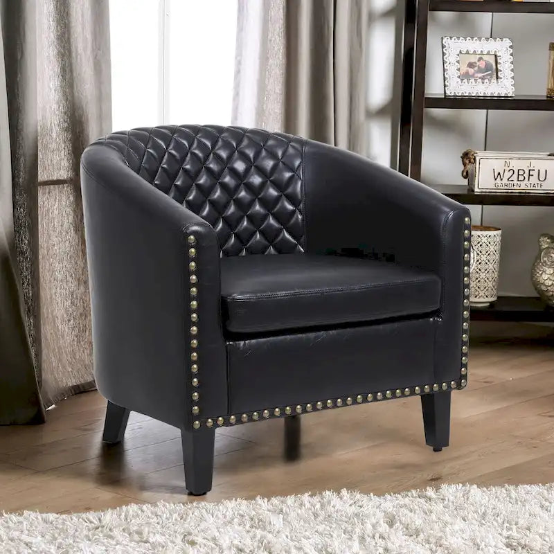 Sillón decorativo Barrel con tachuelas y patas de madera maciza