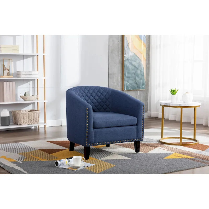 Sillón decorativo Barrel con tachuelas y patas de madera maciza