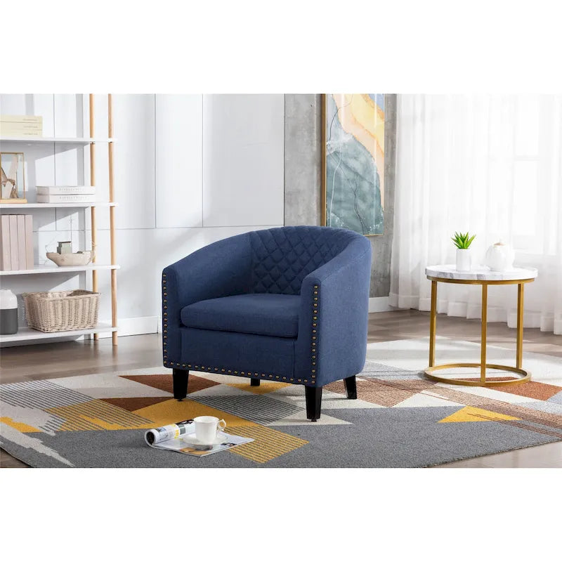 Sillón decorativo Barrel con tachuelas y patas de madera maciza
