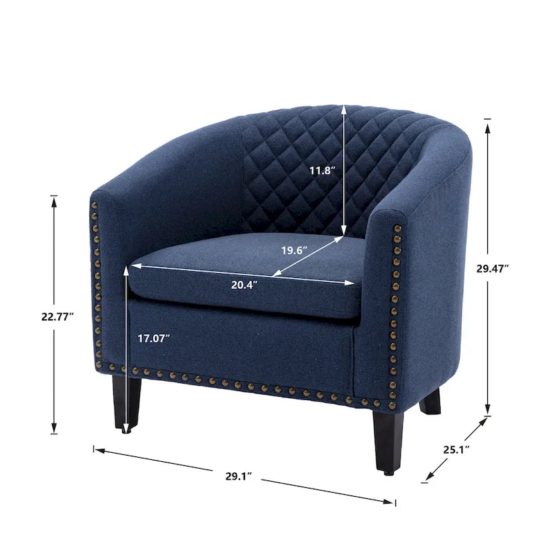Sillón decorativo Barrel con tachuelas y patas de madera maciza