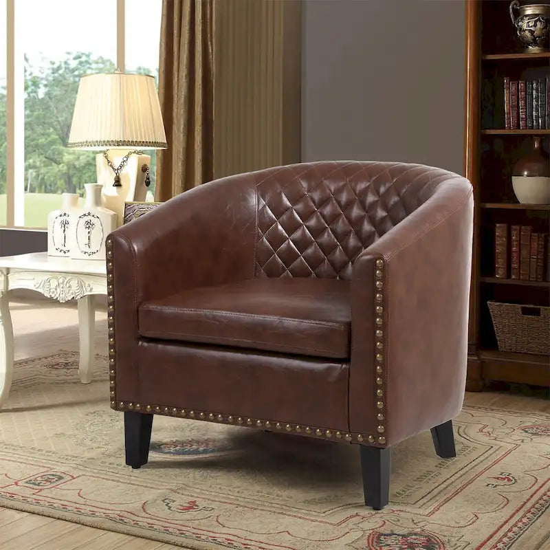 Sillón decorativo Barrel con tachuelas y patas de madera maciza
