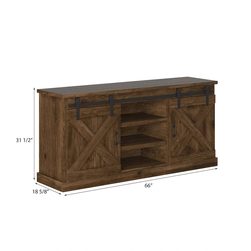 Mueble de TV rústico de madera maciza de 66 pulgadas con puertas corredizas de granero