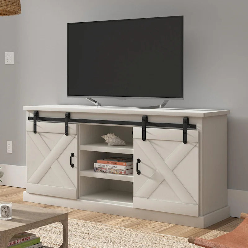 Mueble de TV rústico de madera maciza de 66 pulgadas con puertas corredizas de granero