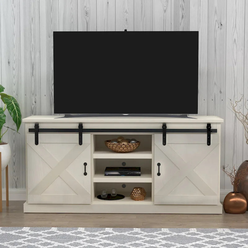 Mueble de TV rústico de madera maciza de 66 pulgadas con puertas corredizas de granero