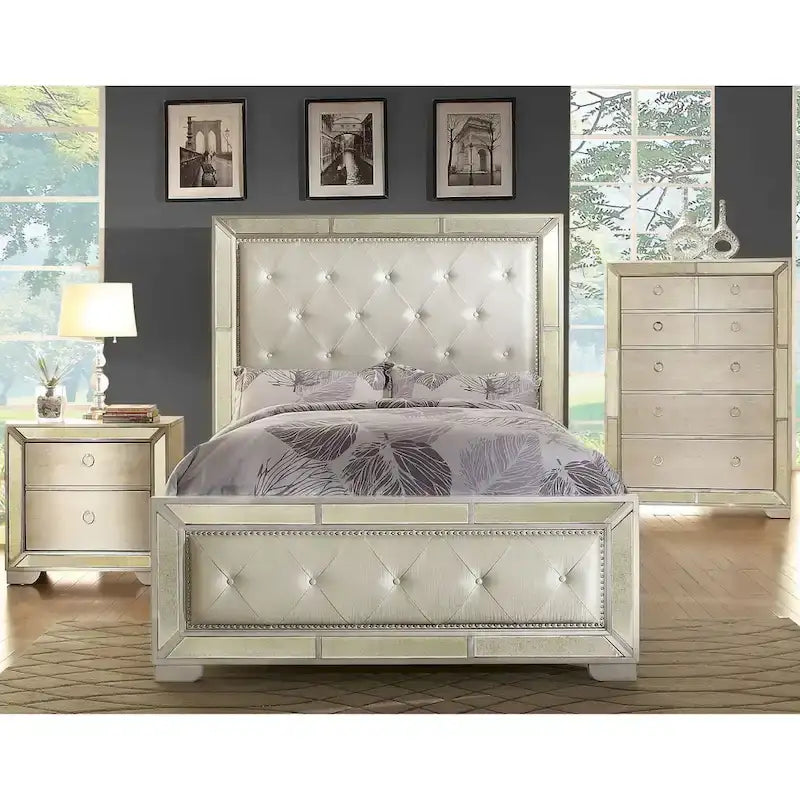 Cama con dosel y paneles moderna de polipiel dorada