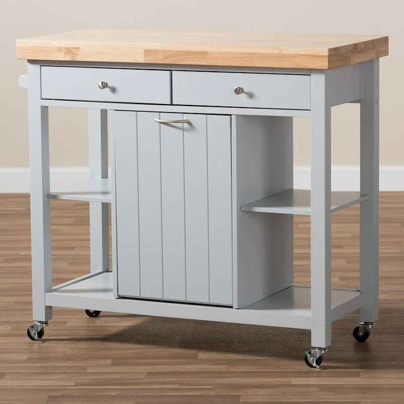 Carrito de cocina de madera gris estilo rústico con encimera de madera de caucho