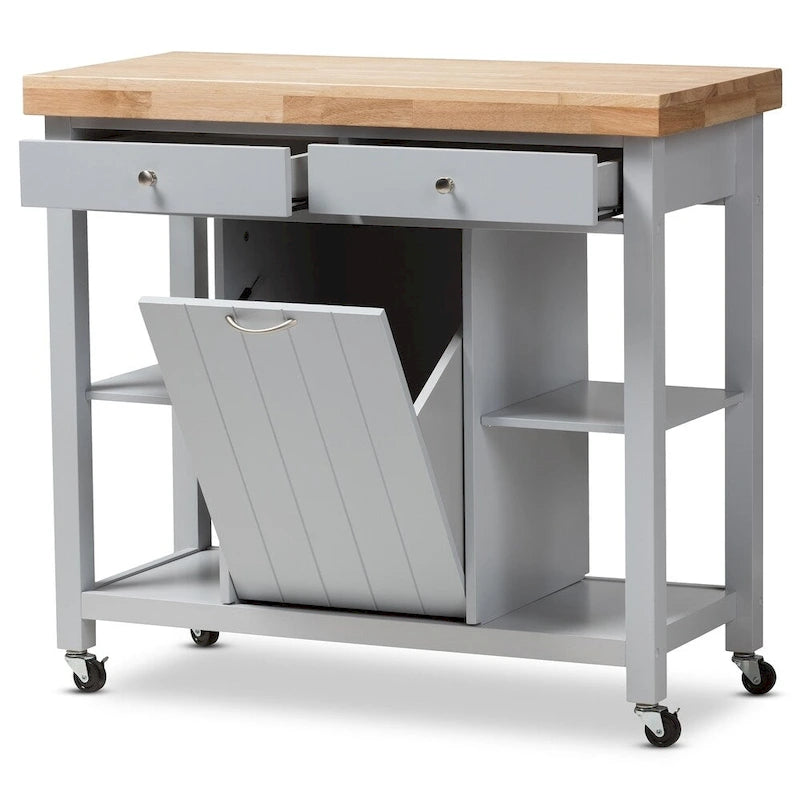 Carrito de cocina de madera gris estilo rústico con encimera de madera de caucho