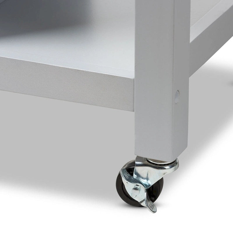 Carrito de cocina de madera gris estilo rústico con encimera de madera de caucho