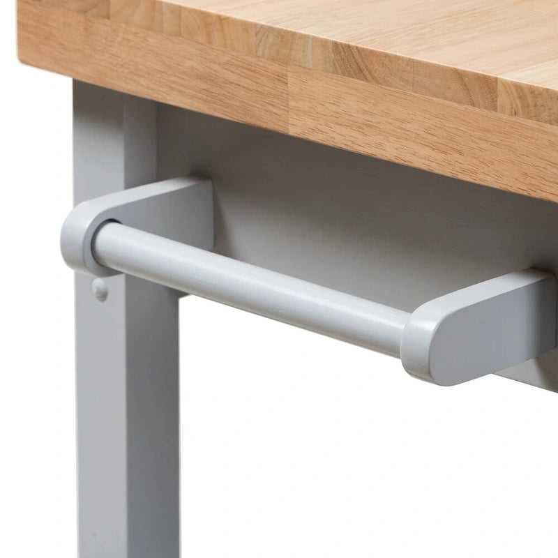 Carrito de cocina de madera gris estilo rústico con encimera de madera de caucho