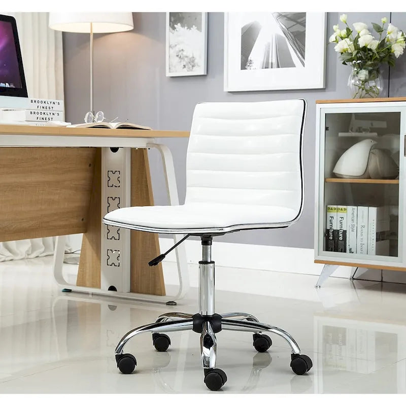 Silla de oficina giratoria sin brazos, con respaldo medio y soporte lumbar – Piel sintética blanca