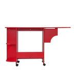 Mesa de costura plegable con ruedas color rojo rústico y estantes laterales