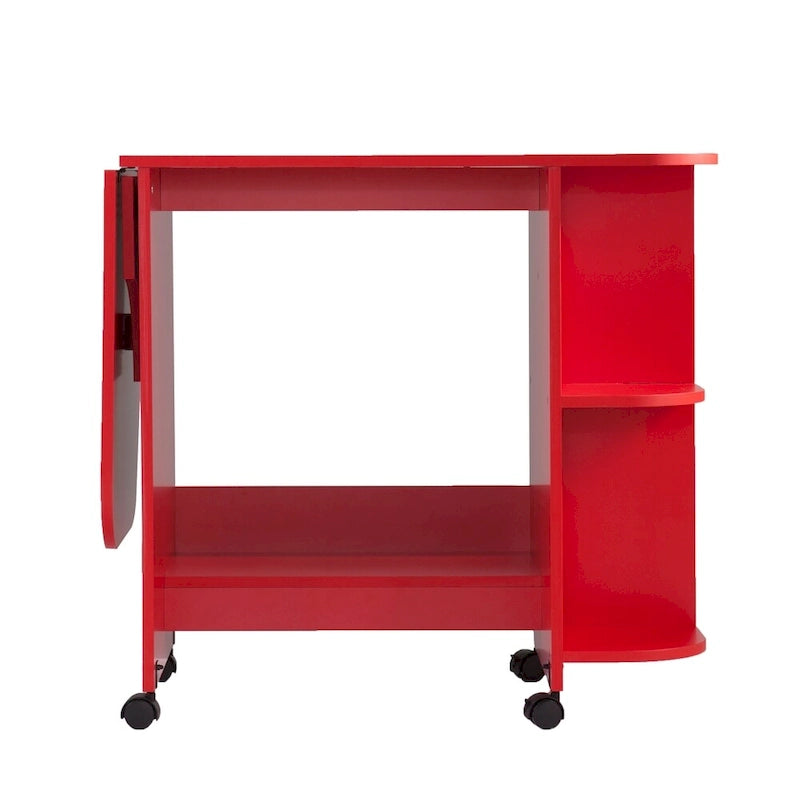 Mesa de costura plegable con ruedas color rojo rústico y estantes laterales