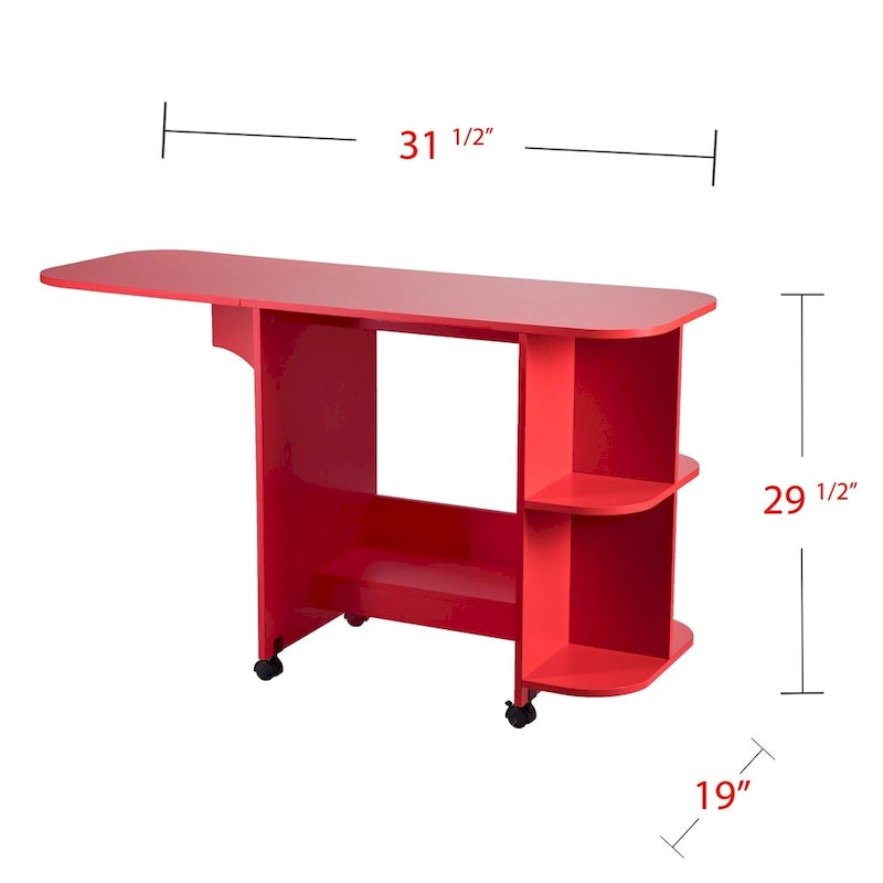 Mesa de costura plegable con ruedas color rojo rústico y estantes laterales