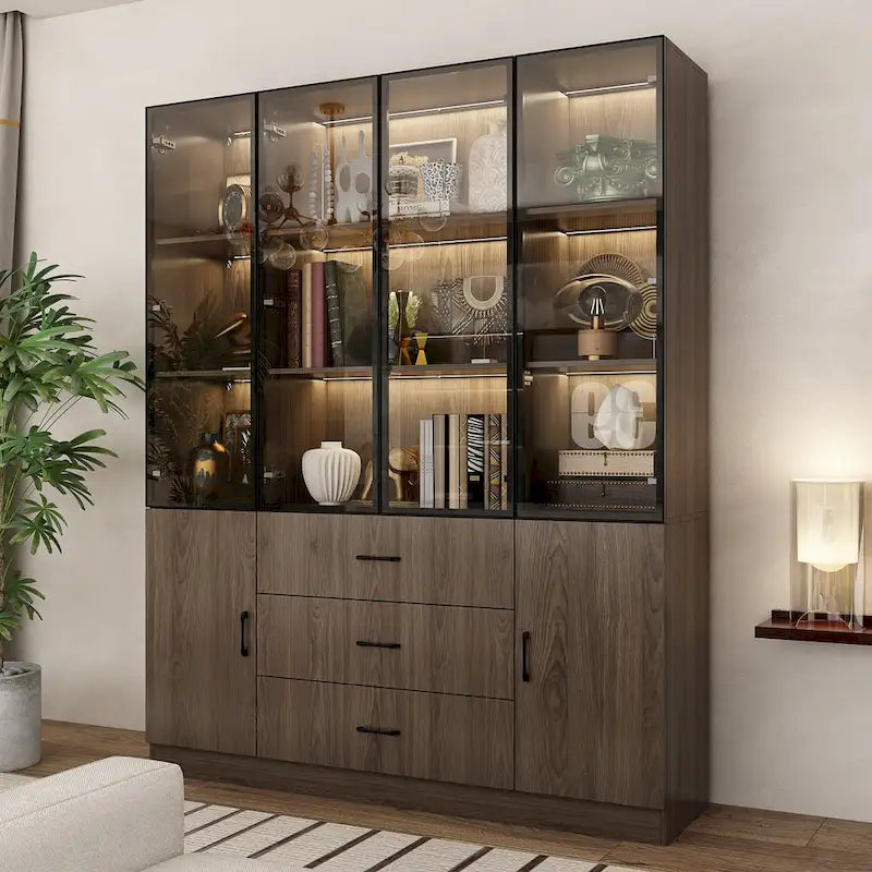 Armario modular de aleación de aluminio con vetas de madera e iluminación LED