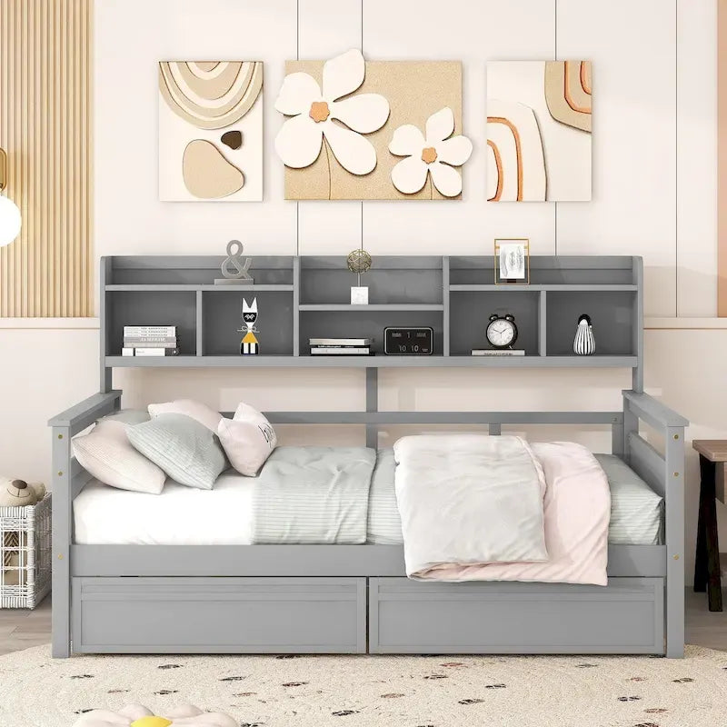 Cama nido doble con cajones de almacenamiento y estante de noche