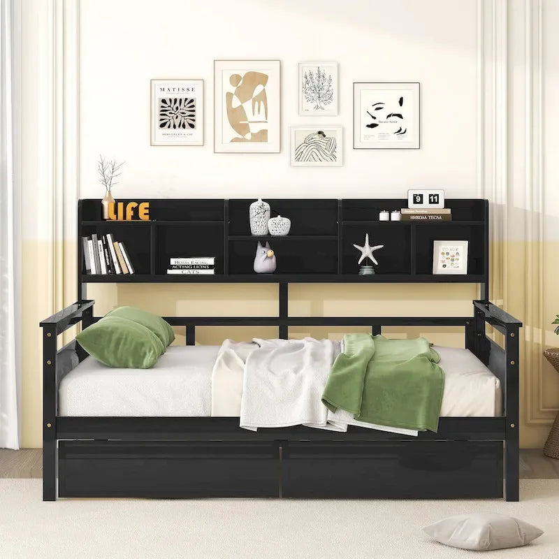 Cama nido doble con cajones de almacenamiento y estante de noche