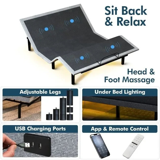 Base de cama ajustable con colchón híbrido de 12", masaje, puertos USB, luz debajo de la cama y control por aplicación