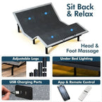 Base de cama ajustable con colchón híbrido de 12", masaje, puertos USB, luz debajo de la cama y control por aplicación