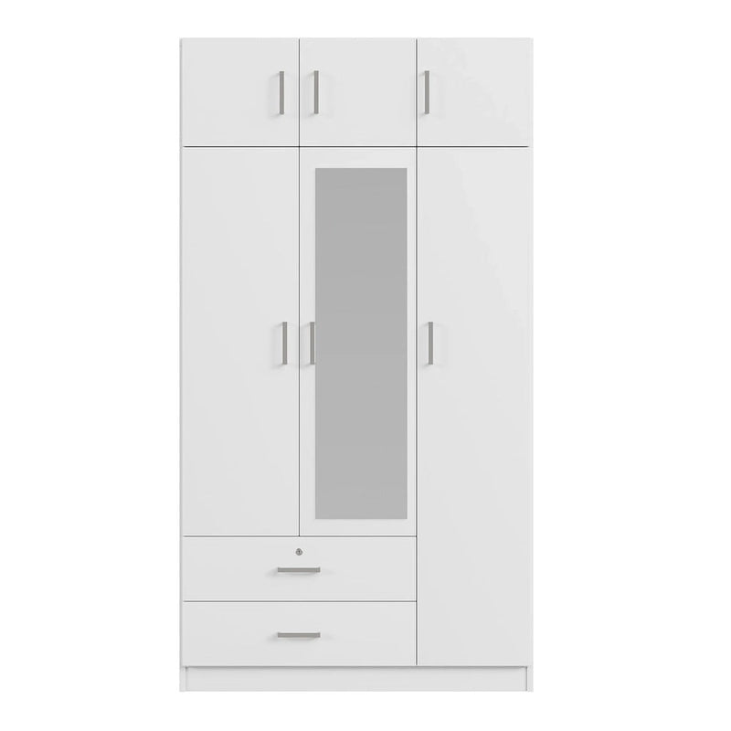 Armario ropero de 3 puertas con espejo, 2 cajones y gabinete superior