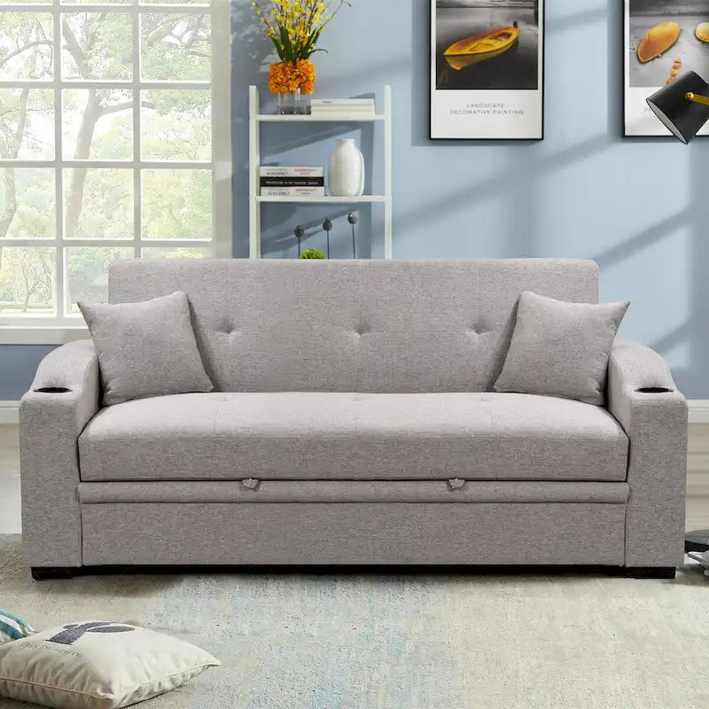 Sofá Cama con Respaldo Reclinable, Portavasos y Almohadas