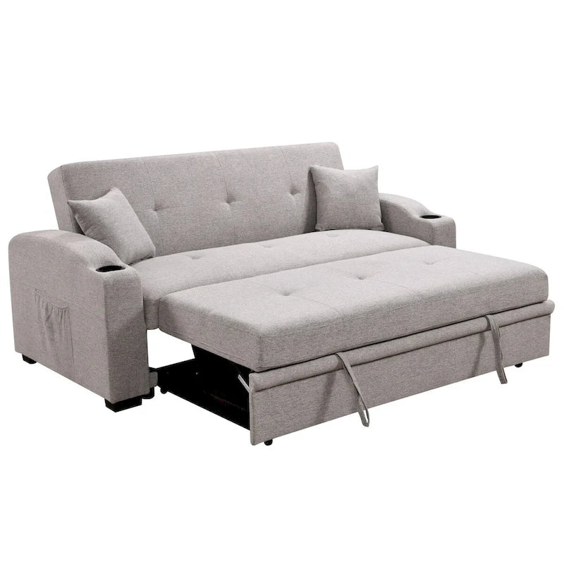 Sofá Cama con Respaldo Reclinable, Portavasos y Almohadas