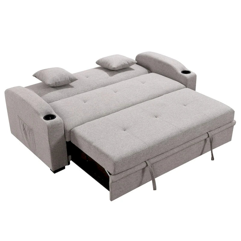 Sofá Cama con Respaldo Reclinable, Portavasos y Almohadas