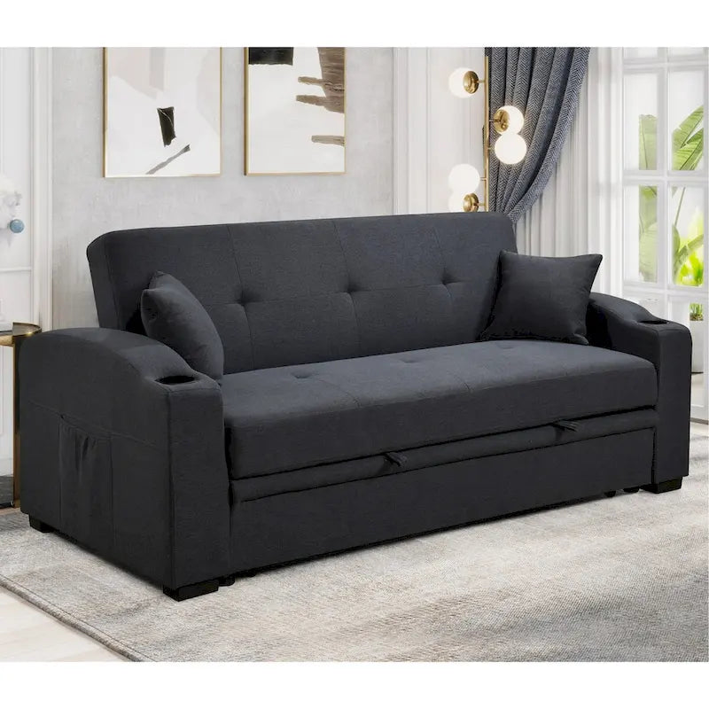Sofá Cama con Respaldo Reclinable, Portavasos y Almohadas