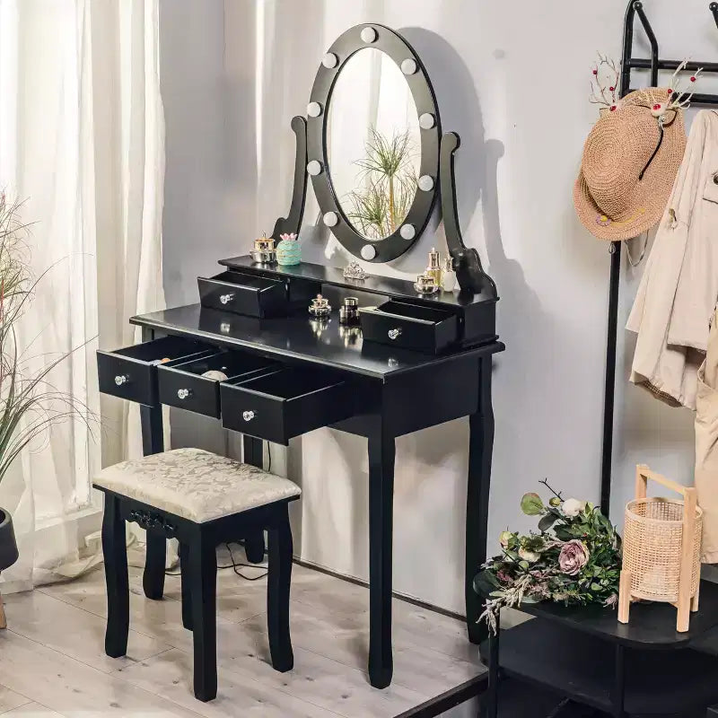 Tocador de maquillaje moderno, juego de tocador para niñas con espejo iluminado y taburete acolchado