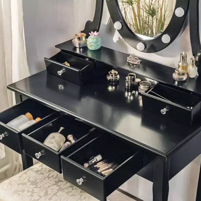 Tocador de maquillaje moderno, juego de tocador para niñas con espejo iluminado y taburete acolchado