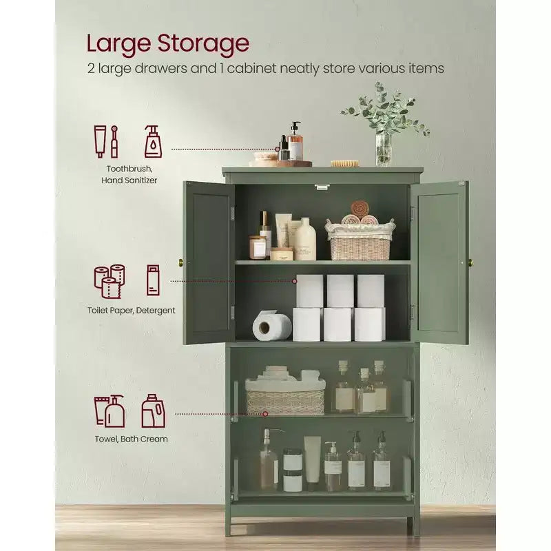 VASAGLE Armario de suelo para baño, Mueble de almacenamiento de baño, Armario independiente con 2 cajones y 2 puertas