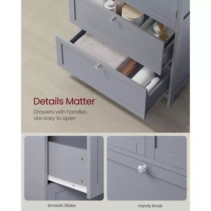 VASAGLE Armario de suelo para baño, Mueble de almacenamiento de baño, Armario independiente con 2 cajones y 2 puertas