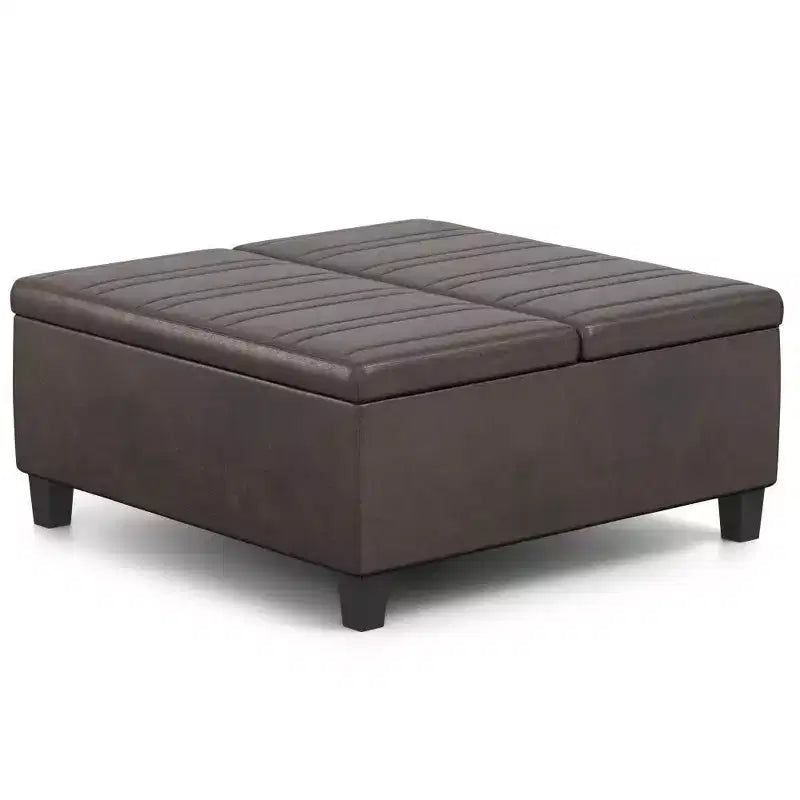 WyndenHall Tyler Mesa de centro otomana de almacenamiento de piel sintética desgastada, con tapa elevable, marco de madera de caucho